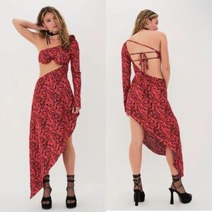 For Love & Lemons Davina Red Psychedelic Print Bustier Rayon Dress Sz L NWT $249